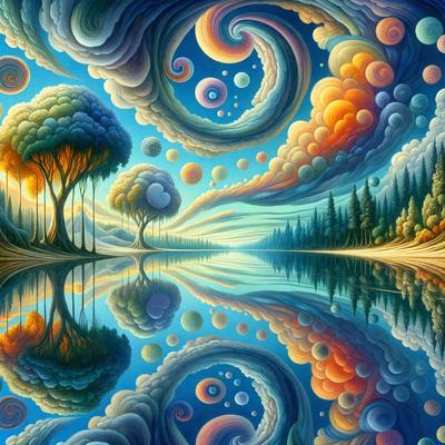 The primary subject of the image is a painting featuring a forest with trees and a lake. The setting is a serene, natural environment with a blue lake and trees surrounding it. The visual style is a digital art or illustration, showcasing a vibrant and colorful scene. The dominant colors are blue and orange, creating a lively and warm atmosphere.